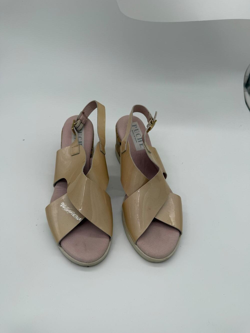 Puche Sandals Shoes Womens Size 7.5 Beige Slingback Cork Wedge Buckle Comfort